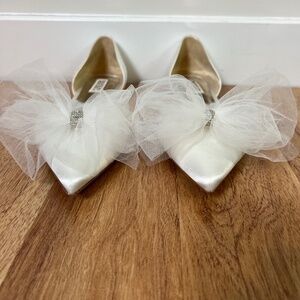 Badgley Mischka Ivory Satin Pointed Toe Flats with Tulle Bows